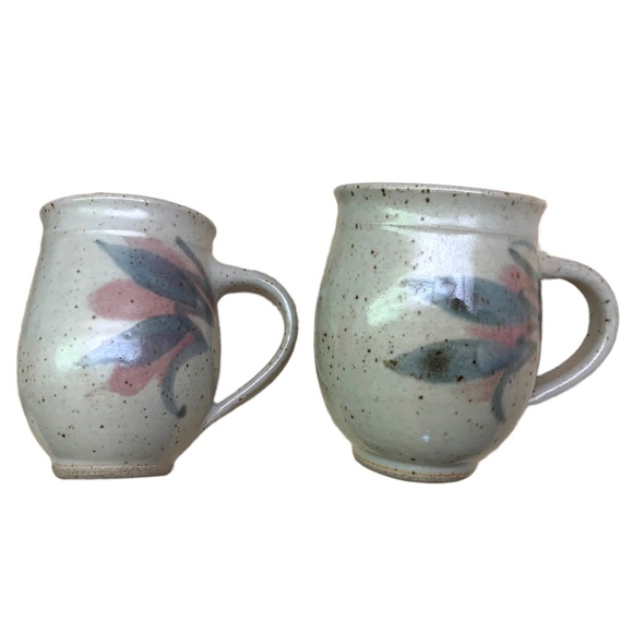 Handthrown Artisan Pottery Mugs Pastel Leaf Swirl Speckled Stone Boho Country - Picture 1 of 10